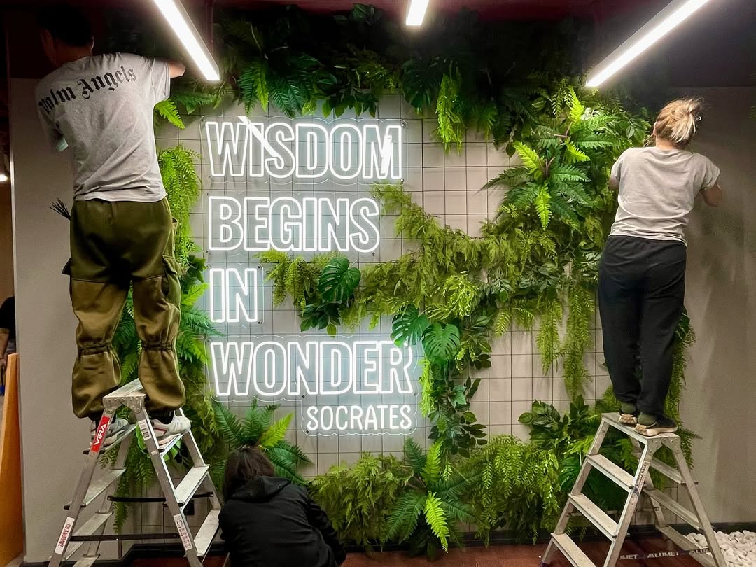 Неоновая фраза на зелёной стене